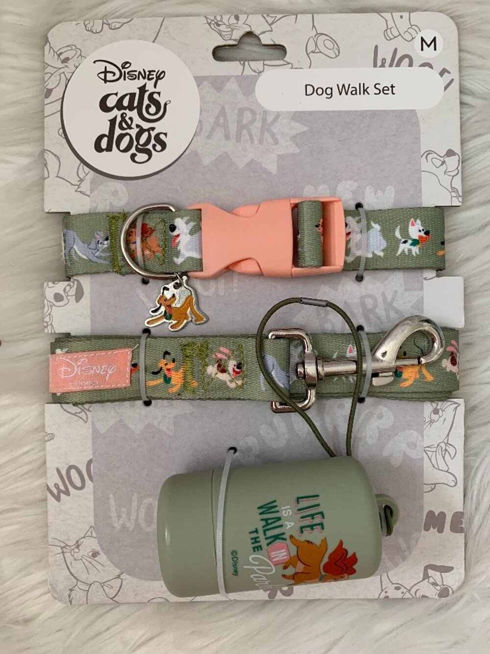 DISNEY Cats and Dogs Printed Collar, Leash, Pet Waste Bag Holder Set Sz MEDIUM